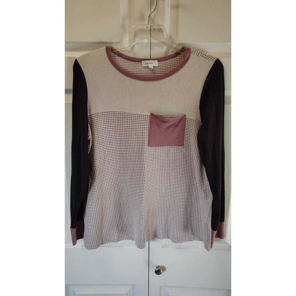 Hailey & Co Colorblock Waffle Knit Top Mauve Grey Size 1X Long Sleeve Pocket